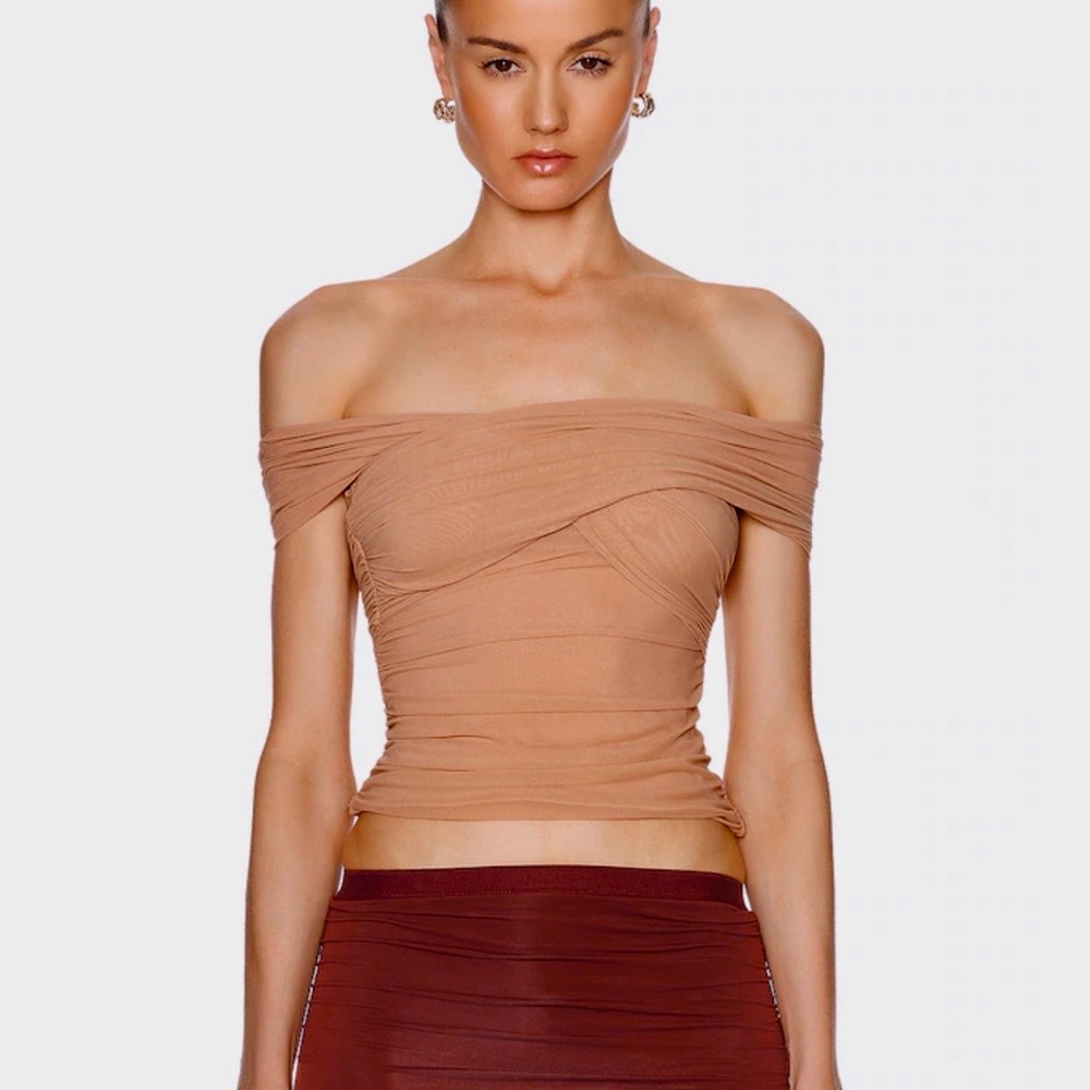 Luxury Brand - Off-Shoulder Ruched Camel Colored Crop Top